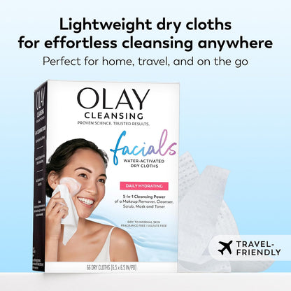 Makeup Remover Wipes, Daily Facials Hydrating Face Cleanser for Normal to Dry Skin, Alcohol & Fragrance Free, Soft Face Wash Towels, Travel Essentials for Women, Convenient Dry Cloths, 66 Ct